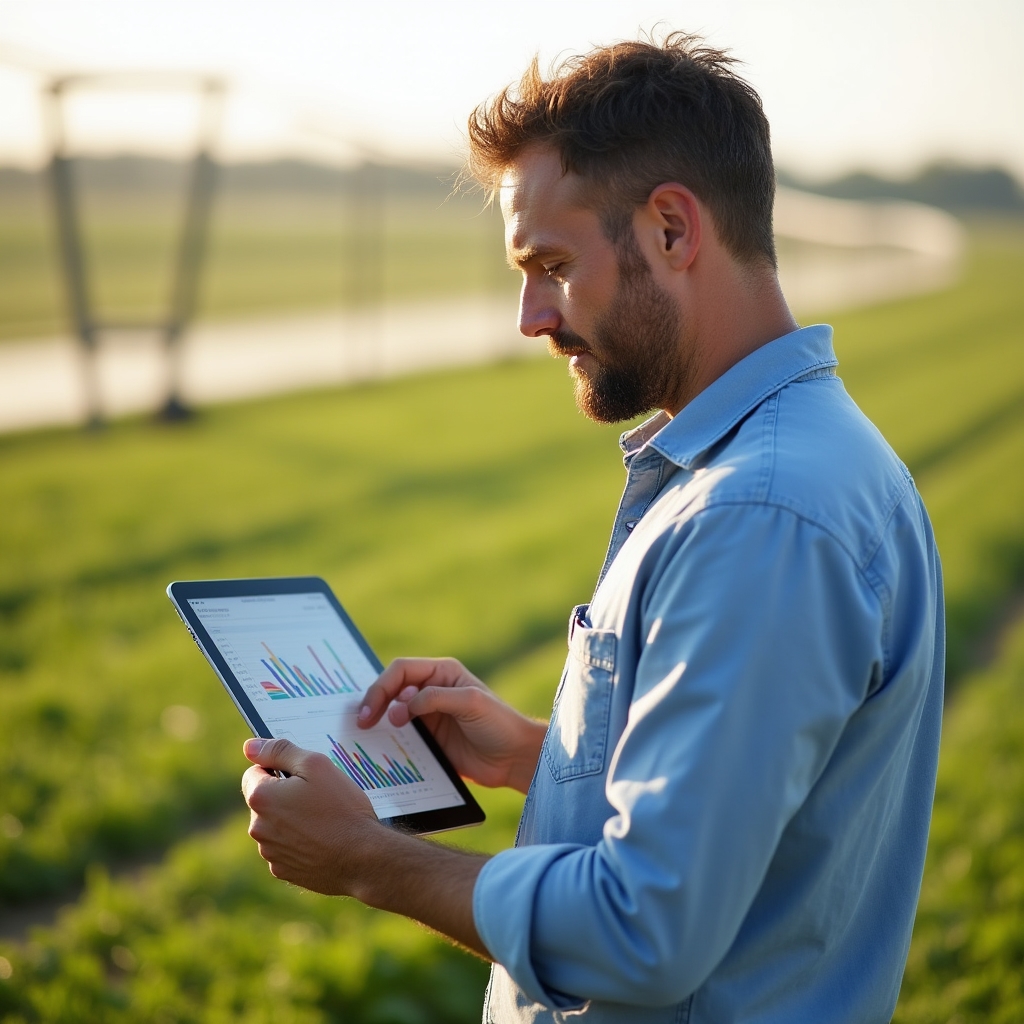 Farmář kontroluje data ze zavlažovacího systému na tabletu přímo na poli